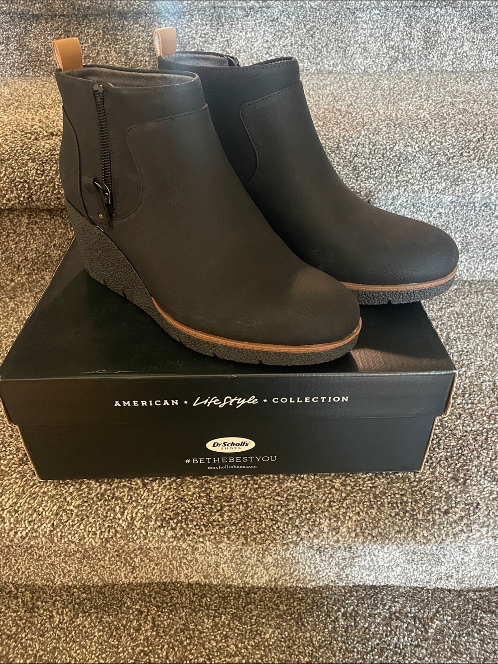 Dr. Scholl's Black Wedge Ankle Booties with Tan Pull Tabs